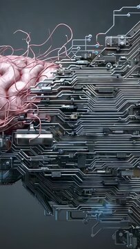 Vertical video: Shifting camera revealing pink brain fusing with PCB in studio, pulsing blue nodes
