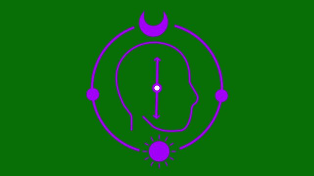 Vibrant purple outline of a human head profile with internal clock hands and circular orbit containing sun moon and planets against a solid green background symbolizing the flow of time and mental