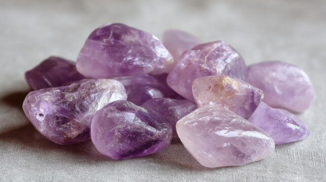 A close-up view of a collection of smooth, tumbled amethyst crystals showcasing their vibrant purple hues.