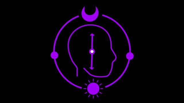 Striking purple outline of a human head profile with internal clock hands and circular orbit containing sun moon and planets against a stark black background representing the passage of time and