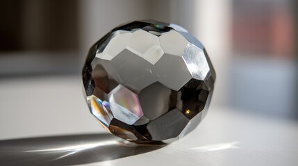 Naklejka premium A perfectly formed faceted crystal paperweight catching light and displaying complex reflections on a light surface.