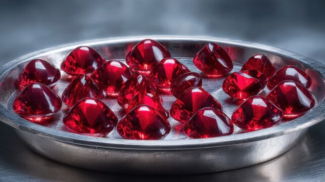 A dazzling collection of perfectly cut, spherical red ruby gemstones glistening within a metallic dish, showcasing their brilliant sparkle and deep color.