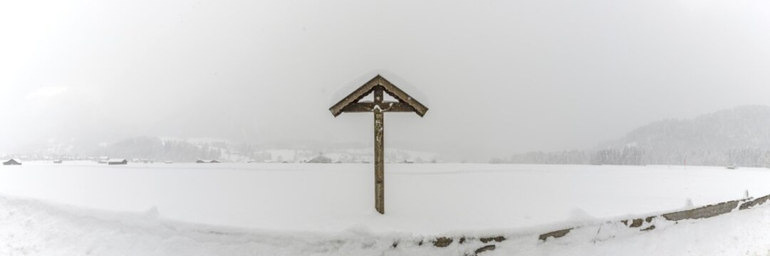 Field cross with Christ figure, Lorettowiesen near Oberstdorf, Allg&auml;u Alps, Allg&auml;u, Bavaria, Germany