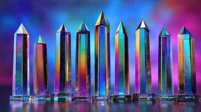 A stunning array of perfectly symmetrical crystal prisms refract brilliant rainbow light and color