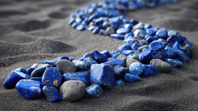 A winding path of perfectly smooth, polished lapis lazuli gemstones scattered across dark, textured sand.