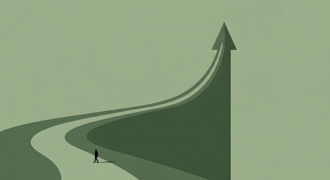 Silhouette of person on winding green path transforming into upward arrow, green background