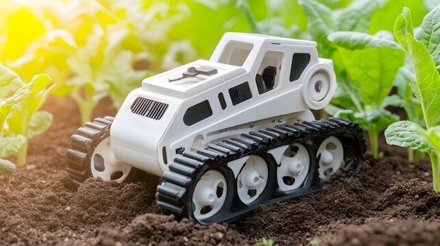 Autonomes Kettenfahrzeug fuer Landwirtschaft und Feldarbeit zwischen Gemuese Pflanzen
