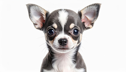lindo retrato de un cachorrito de chihuahua gris y blanco sobre fondo de estudio blanco