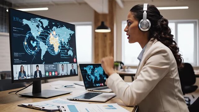 Remote work video conference and online meeting during a global pandemic with businesswoman participating in virtual collaboration using headset and laptop Communication connectivity and digital