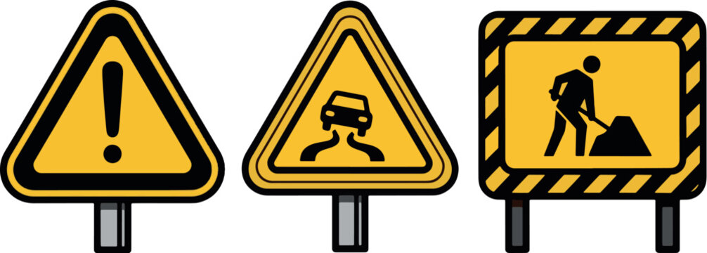 Yellow Road Safety and Construction Warning Signs Set