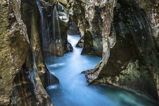 Mountain river Soca flows through narrow canyon, Soca Valley, Triglav National Park, Bovec, Slovenia