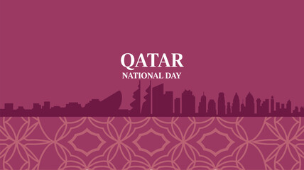 A vibrant city skyline celebrating Qatar National Day with a traditional patterned background