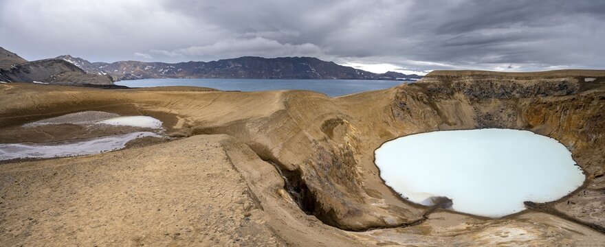 Crater lake V&iacute;ti and &Ouml;skjuvatn in the crater of the Askja volcano, volcanic landscape, Dyngjufj&ouml;ll mountain massif, Icelandic highlands, Vatnaj&ouml;kull National Park, Iceland