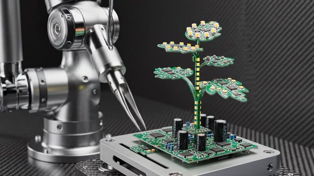 Robotics automation and technology in a futuristic laboratory setting with robotic arm carefully cultivating circuit board plant growth for sustainable innovation Artificial intelligence engineering