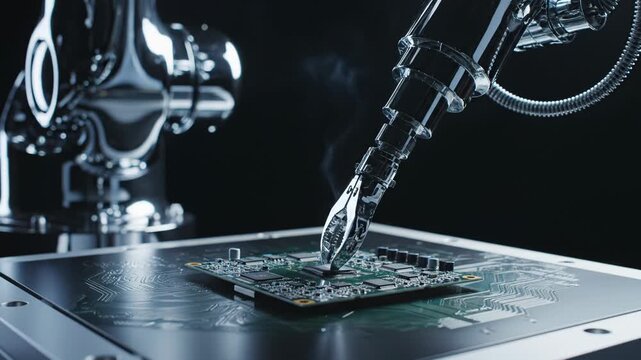 Robotics automation and technology in a futuristic factory setting with robotic arm precisely assembling circuit boards for advanced electronics manufacturing Innovation engineering and precision