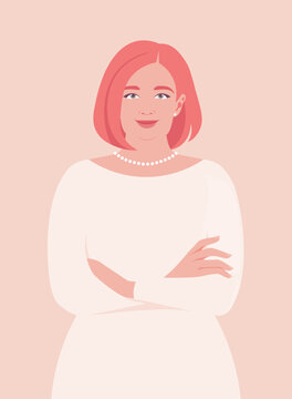 Modern flat vector portrait of a confident woman with red hair. She stands with her arms crossed against a soft pastel background. Business concepts, professional, body positivity, diversity