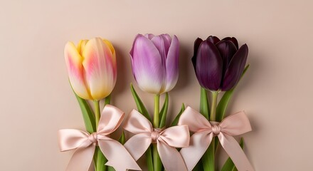 Obraz premium Three tulips with ribbons on a beige background