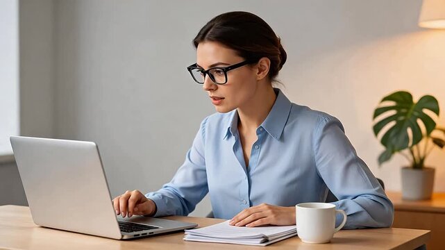 Woman wearing glasses works on laptop at desk with coffee cup
