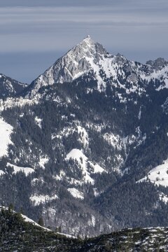 Summit of Wendelstein with transmitting antenna, mountains in winter, Bavaria, Germany