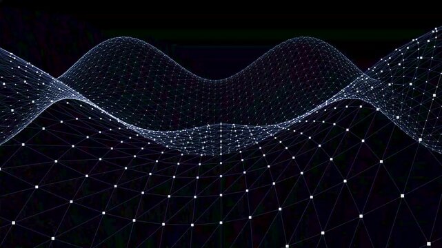 Abstract Digital Waveform Mesh Network Connecting Points in Dark Technological Background, Futuristic Data Visualization