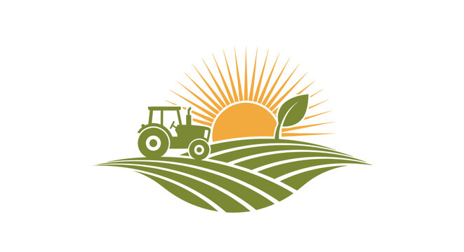 Tractor on a farm field with sun and leaf.