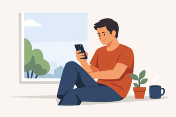 Flat vector illustration of a young man sitting on the floor by a window, using his smartphone. A peaceful scene featuring a cup of hot coffee and a small plant in a cozy home interior setting.