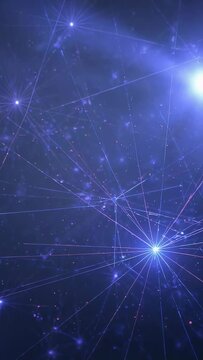 Vertical video: Pulsing bright blue node after surge and sending rays across space web, copy space
