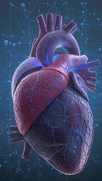 Vertical video: Starting 3D heart rotating and pulsing in medical grid for study, with particles