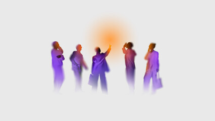 Business silhouettes pointing upward in colorful blur light effect representing leadership vision...