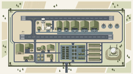 Top-down aerial view of a sprawling airport complex with multiple terminals, hangars, and a control tower amidst a rural landscape