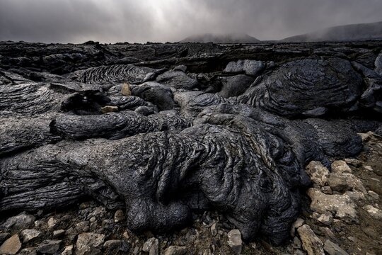 Petrified lava, volcanic rock in bizarre shapes, lava field, volcanic eruption, active table volcano Fagradalsfjall, Kr&yacute;suv&iacute;k volcanic system, Reykjanes Peninsula, Iceland