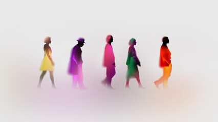 Fototapeta na wymiar People silhouettes walking in colorful blur gradient light effect. Visual for urban lifestyle, social themes, diversity campaigns and modern advertising design.