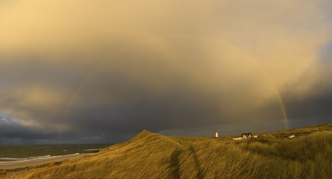 Dune Landscape with Rainbow and List-ost Lighthouse, Ellenbogen, List, Sylt Island, Germany