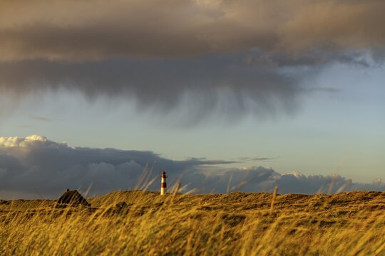 Dune landscape with storm clouds and List-ost lighthouse, Ellenbogen, List, Sylt Island, Germany