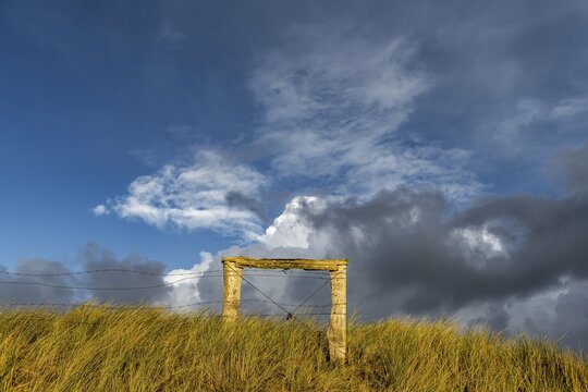 Fence in dune landscape with cloudy sky, Ellenbogen, List, Sylt Island, Germany