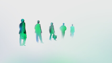 Obraz premium Business silhouettes walking in green gradient blur light effect representing corporate team, leadership and professional collaboration for marketing, presentations and branding.