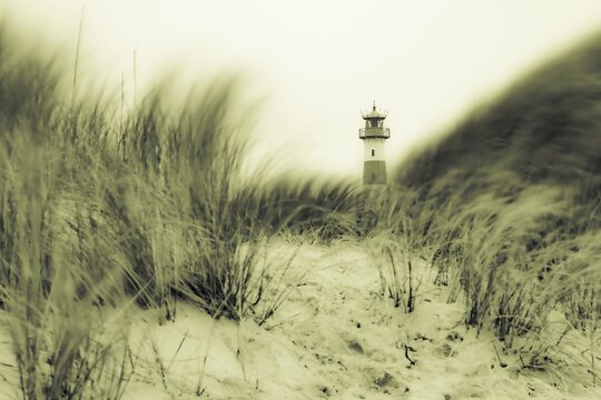List-ost lighthouse with dune landscape, Sylt west beach, List, Sylt island, Germany