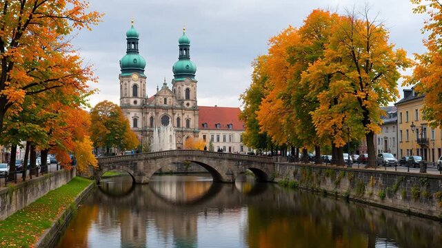 Autumnal bridge and church by river