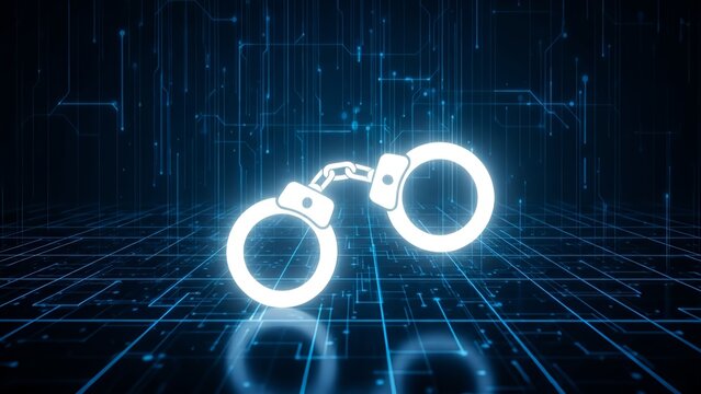 Glowing white digital icon of linked handcuffs symbolizes global cybercrime digital arrests and security enforcement