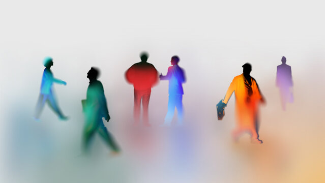 Diverse colorful business silhouettes in motion and interaction in dreamy blur illustration style. Ideal for corporate networking campaigns, DEI branding and inclusive business ad