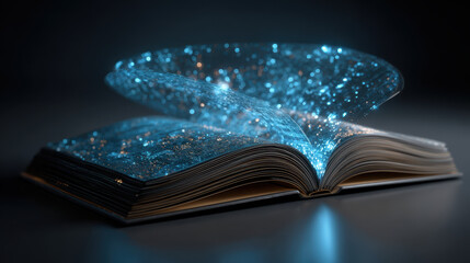 Fototapeta premium Digital literacy concept with open book and glowing blue particles flying out creating magical and inspiring atmosphere
