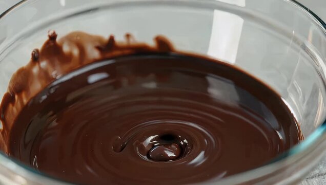 rich cinematic 4k slow motion sequence capturing chocolate bar dramatically falling into pool of smooth melted chocolate creating satisfying ripples and waves that highlight indulgent dessert mes and