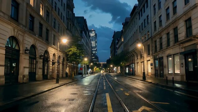 quiet and contemplative 4K night time urban scene providing peaceful serene view of completely empty street distinctly featuring parallel lines of tram tracks all softly and warmly illuminated by