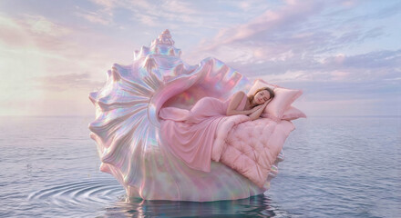 Serene illustration of a woman in a state of deep relaxation and meditation, nestled within a giant iridescent pink seashell bed floating on a calm, misty ocean with graceful dolphins.