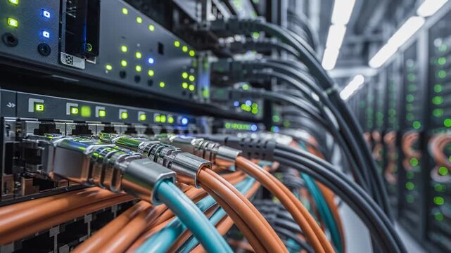 Server networking and data center infrastructure in a modern facility for cloud computing IT solutions and digital transformation with technicians maintaining network cables and ensuring optimal