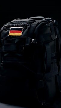 Vertical video: Zooming out camera revealing tactical backpack MOLLE and tricolor patch in studio