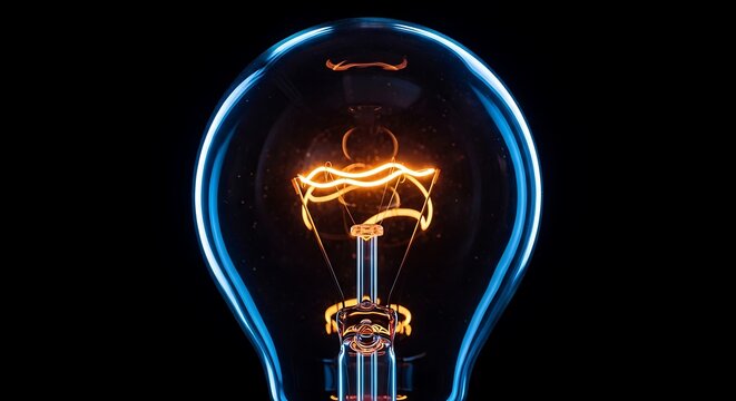 Illuminated incandescent light bulb against a stark black background, showcasing intricate filament