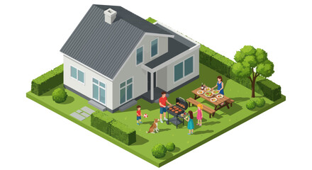 Family BBQ Backyard Party Isometric Illustration