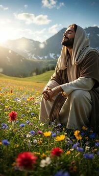 Biblical man in robes sitting in a mountain wildflower meadow for spiritual meditation