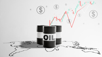 Conceptual image of oil barrels on a world map with a fluctuating stock market graph and dollar signs, illustrating global energy trade, price volatility, and economic impact © Leo Lintang